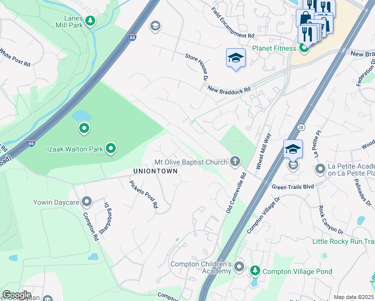 map of restaurants, bars, coffee shops, grocery stores, and more near 6668 Jackson Fields Court in Centreville