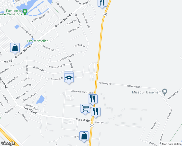 map of restaurants, bars, coffee shops, grocery stores, and more near 3298 Jennefer Drive in St. Charles