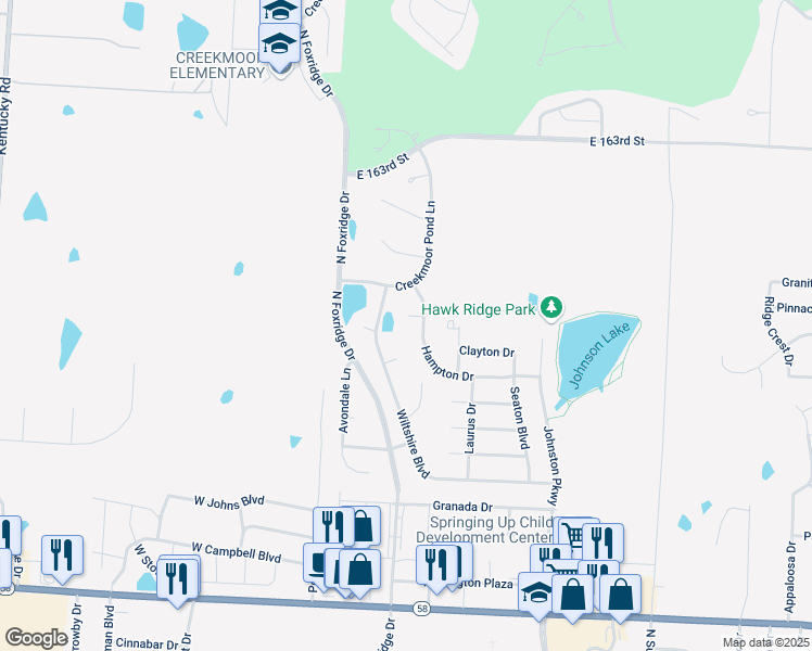map of restaurants, bars, coffee shops, grocery stores, and more near 1316 Wiltshire Boulevard in Raymore