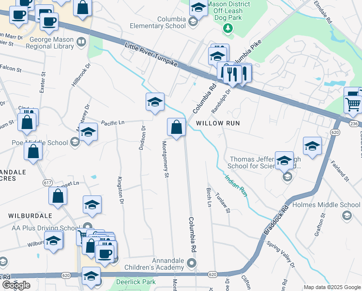 map of restaurants, bars, coffee shops, grocery stores, and more near 4720 Columbia Road in Annandale