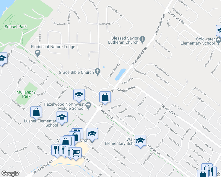 map of restaurants, bars, coffee shops, grocery stores, and more near 1690 Leisure Drive in Florissant