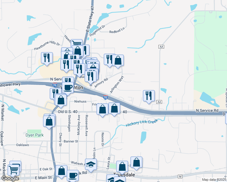 map of restaurants, bars, coffee shops, grocery stores, and more near 1 Armory Road in Warrenton