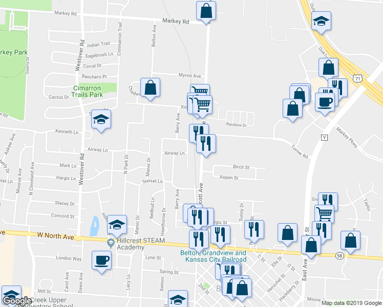 map of restaurants, bars, coffee shops, grocery stores, and more near 404 Hawthorne Court in Belton