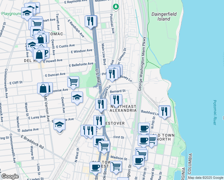 map of restaurants, bars, coffee shops, grocery stores, and more near 1015 Bernard Street in Alexandria
