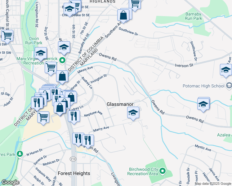 map of restaurants, bars, coffee shops, grocery stores, and more near 5019 Glassmanor Drive in Oxon Hill-Glassmanor