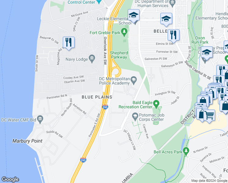map of restaurants, bars, coffee shops, grocery stores, and more near 4600 Shepherd Parkway Southwest in Washington