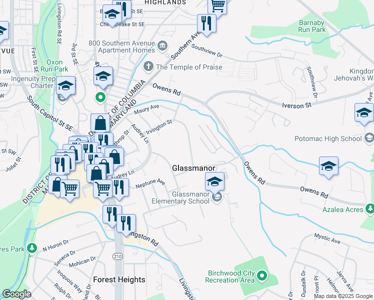 map of restaurants, bars, coffee shops, grocery stores, and more near 5019 Glassmanor Drive in Oxon Hill-Glassmanor