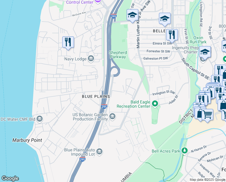 map of restaurants, bars, coffee shops, grocery stores, and more near 4600 Shepherd Parkway Southwest in Washington