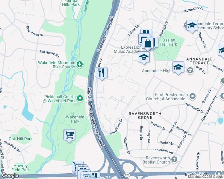 map of restaurants, bars, coffee shops, grocery stores, and more near 4941 Americana Drive in Annandale