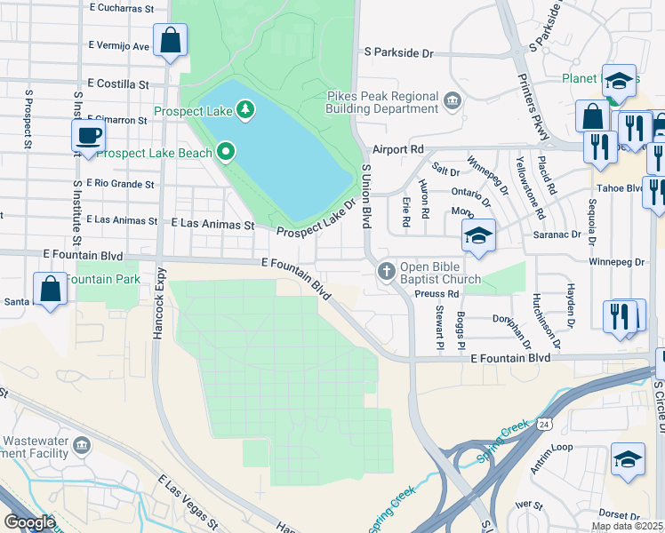 map of restaurants, bars, coffee shops, grocery stores, and more near 1515 South Fountain Street in Colorado Springs
