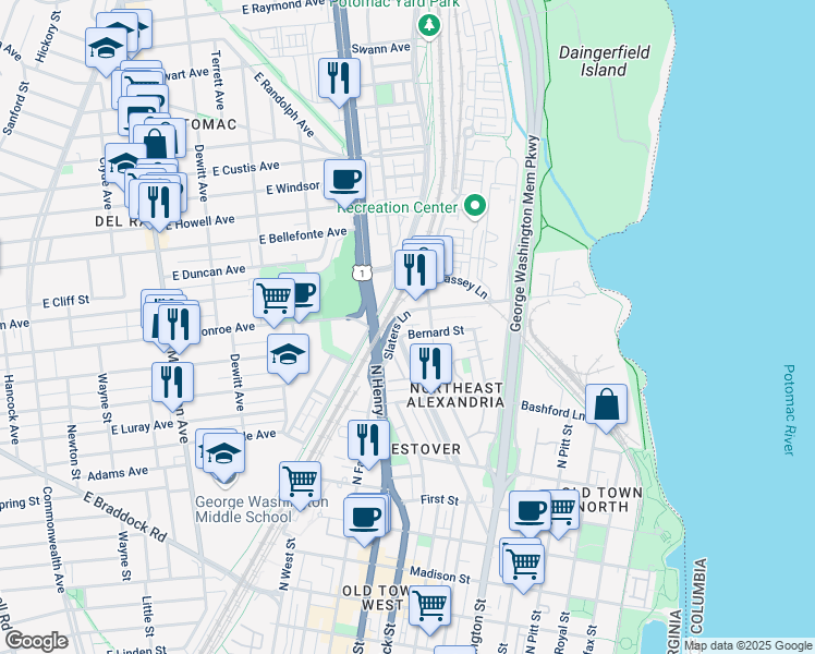 map of restaurants, bars, coffee shops, grocery stores, and more near 1025 Bernard Street in Alexandria