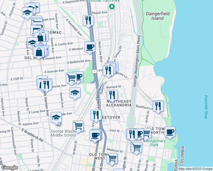 map of restaurants, bars, coffee shops, grocery stores, and more near 1023 Bernard Street in Alexandria
