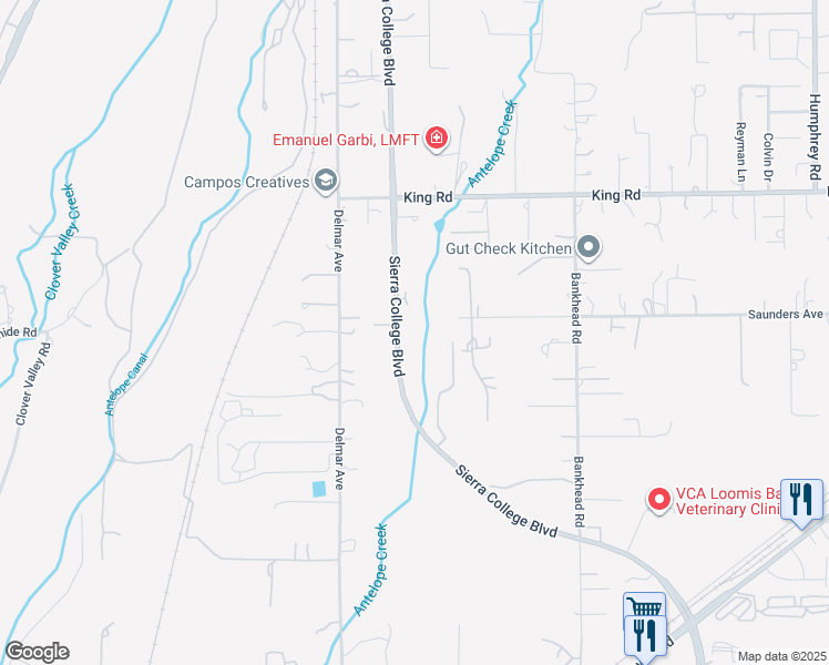map of restaurants, bars, coffee shops, grocery stores, and more near 3647 Sierra College Boulevard in Loomis