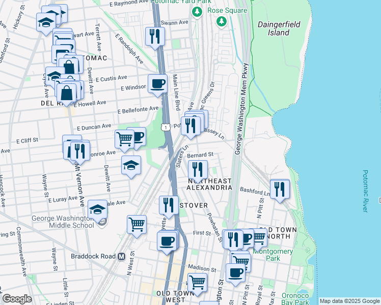 map of restaurants, bars, coffee shops, grocery stores, and more near 1015 Bernard Street in Alexandria