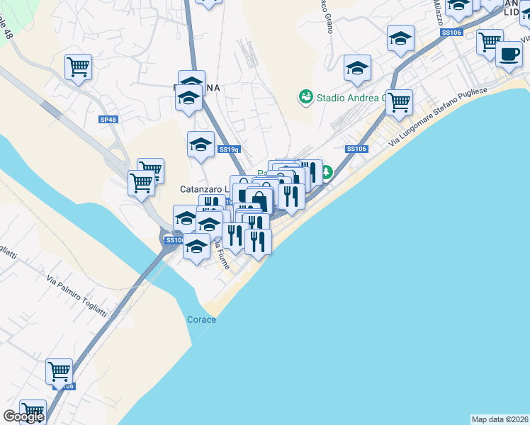 map of restaurants, bars, coffee shops, grocery stores, and more near 50 Via Torrazzo in Catanzaro