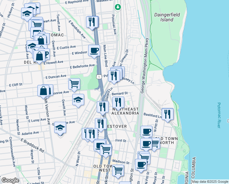 map of restaurants, bars, coffee shops, grocery stores, and more near 1013 Bernard Street in Alexandria