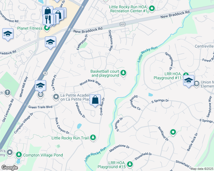 map of restaurants, bars, coffee shops, grocery stores, and more near 14000 Wood Rock Way in Centreville
