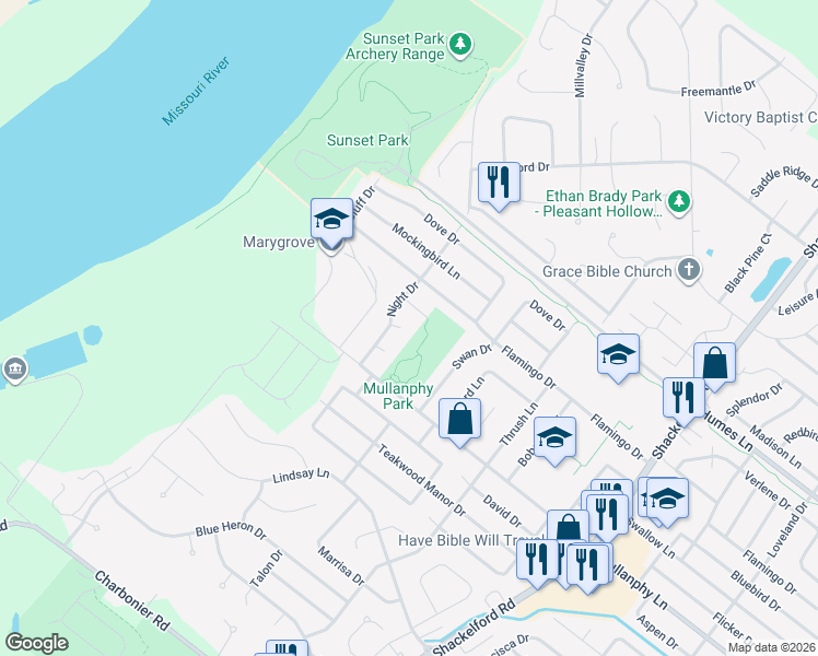 map of restaurants, bars, coffee shops, grocery stores, and more near 3 Sparrow Court in Florissant