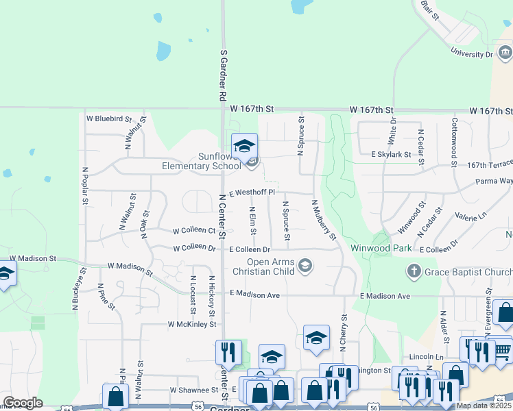 map of restaurants, bars, coffee shops, grocery stores, and more near 626 North Elm Street in Gardner