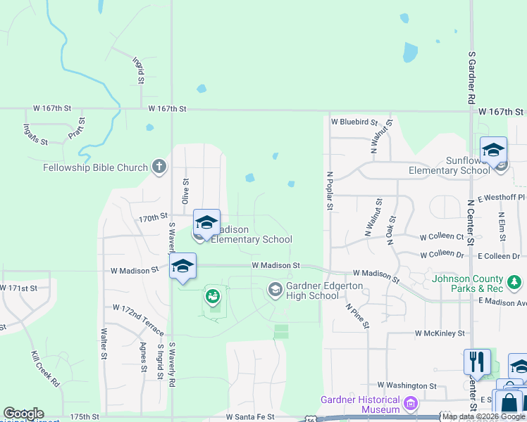 map of restaurants, bars, coffee shops, grocery stores, and more near 30425 West 167th Street in Gardner