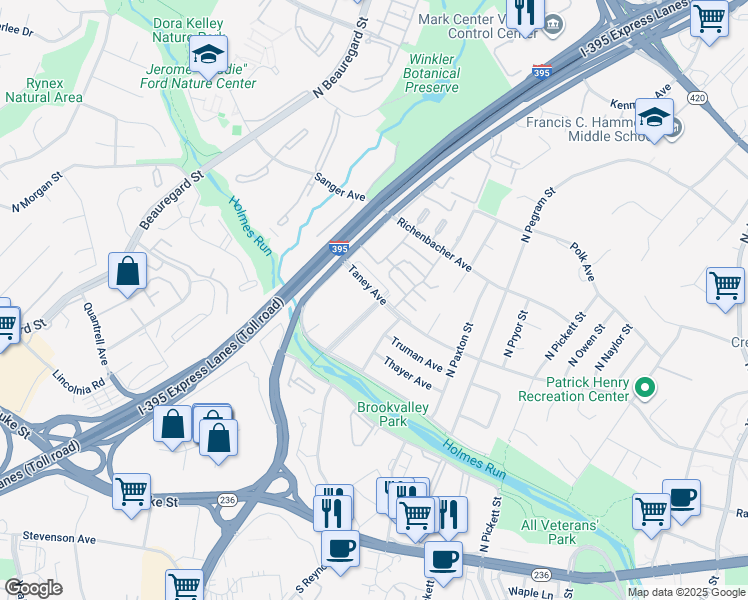 map of restaurants, bars, coffee shops, grocery stores, and more near 5402 Taney Avenue in Alexandria