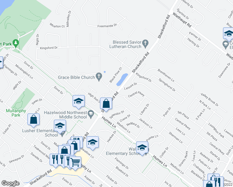 map of restaurants, bars, coffee shops, grocery stores, and more near Shackelford Road & Central Parkway in Florissant