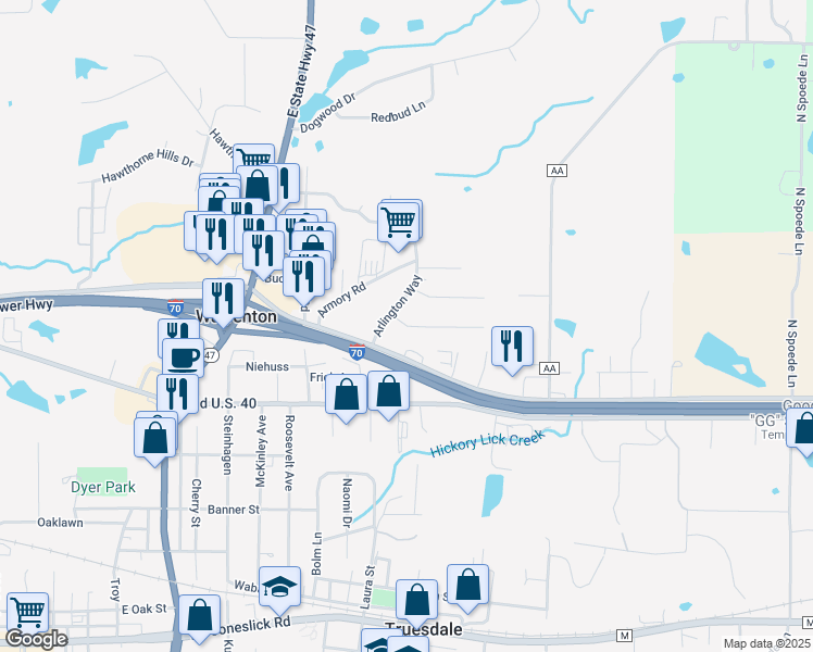 map of restaurants, bars, coffee shops, grocery stores, and more near 300 Arlington Way in Warrenton