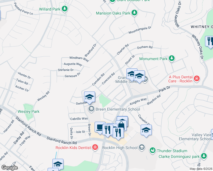 map of restaurants, bars, coffee shops, grocery stores, and more near 5242 Swindon Road in Rocklin