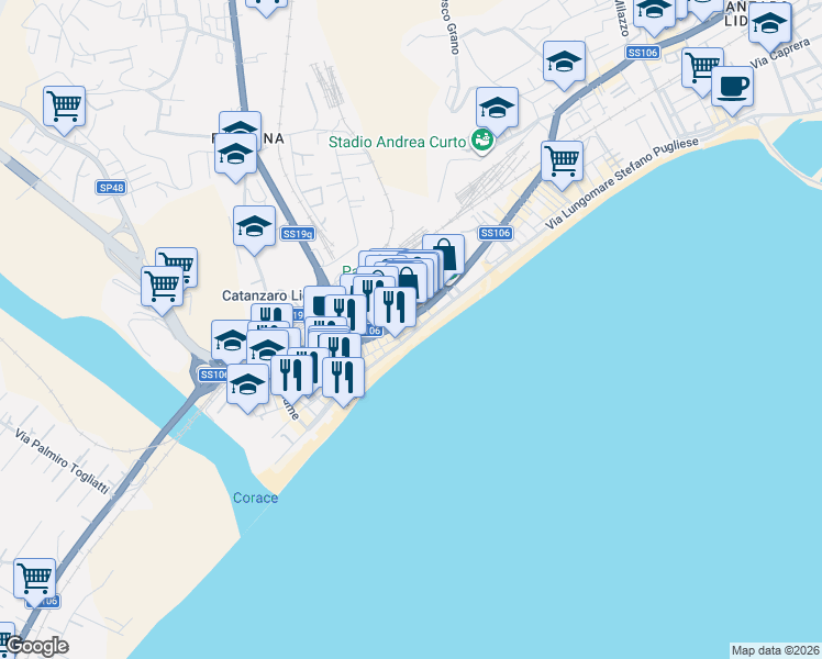 map of restaurants, bars, coffee shops, grocery stores, and more near 5 Largo Murano in Catanzaro