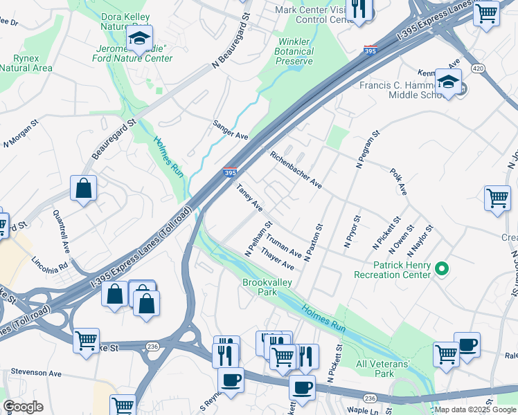 map of restaurants, bars, coffee shops, grocery stores, and more near Taney Ave & N Ripley St in Alexandria