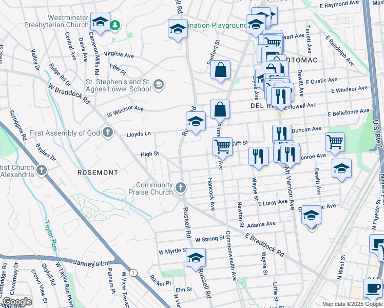 map of restaurants, bars, coffee shops, grocery stores, and more near 113 West Mason Avenue in Alexandria
