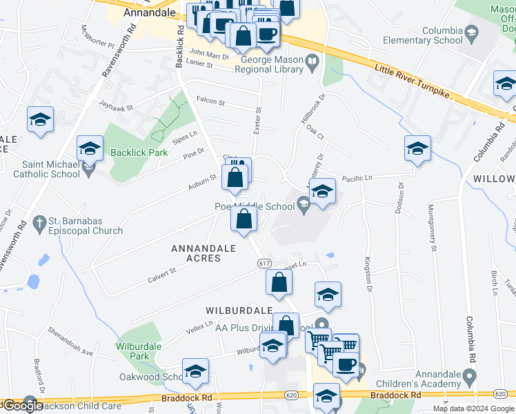 map of restaurants, bars, coffee shops, grocery stores, and more near 4730 Kandel Court in Annandale