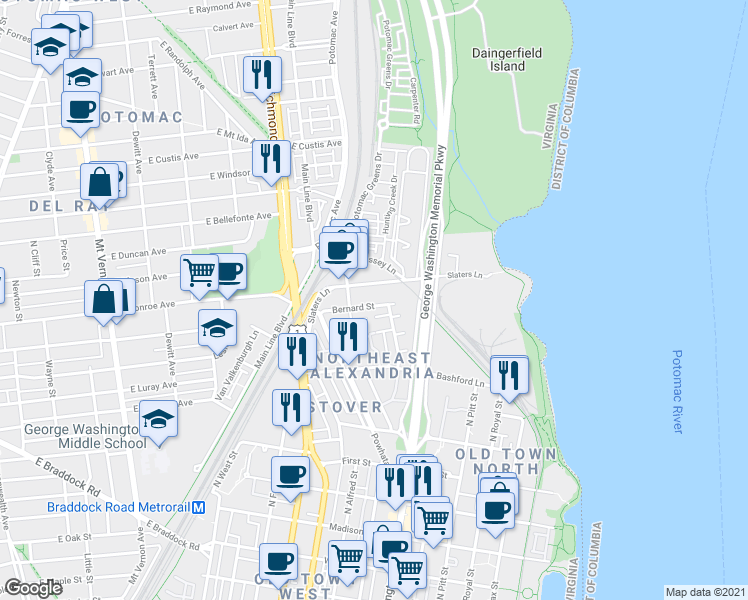 map of restaurants, bars, coffee shops, grocery stores, and more near 813 Bernard Street in Alexandria
