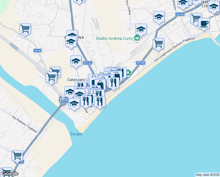map of restaurants, bars, coffee shops, grocery stores, and more near 50 Via Torrazzo in Catanzaro