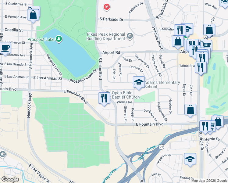 map of restaurants, bars, coffee shops, grocery stores, and more near 1822 Whitman Road in Colorado Springs