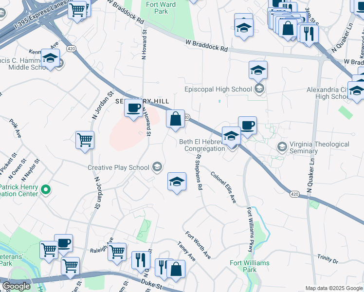 map of restaurants, bars, coffee shops, grocery stores, and more near 4107 Orleans Place in Alexandria