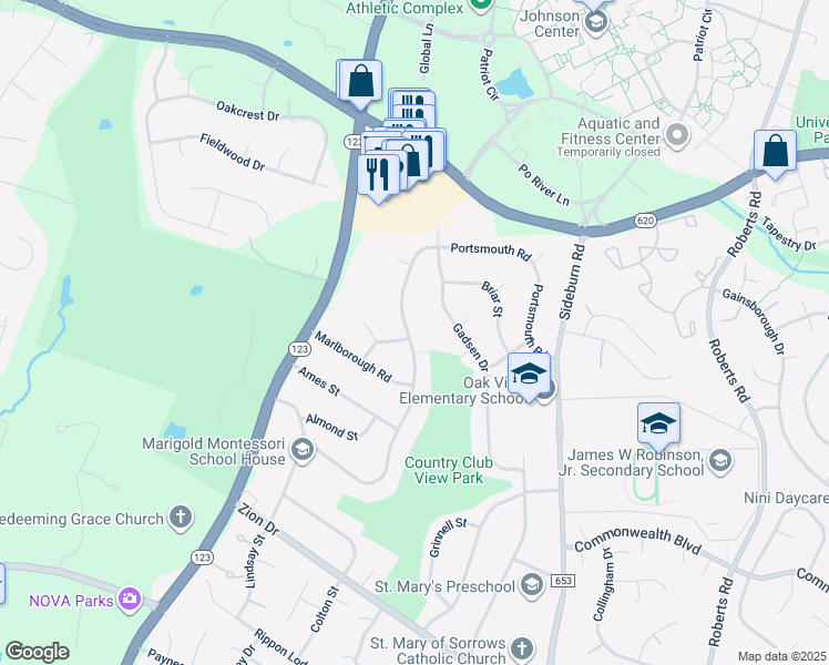 map of restaurants, bars, coffee shops, grocery stores, and more near 5123 Portsmouth Road in Fairfax