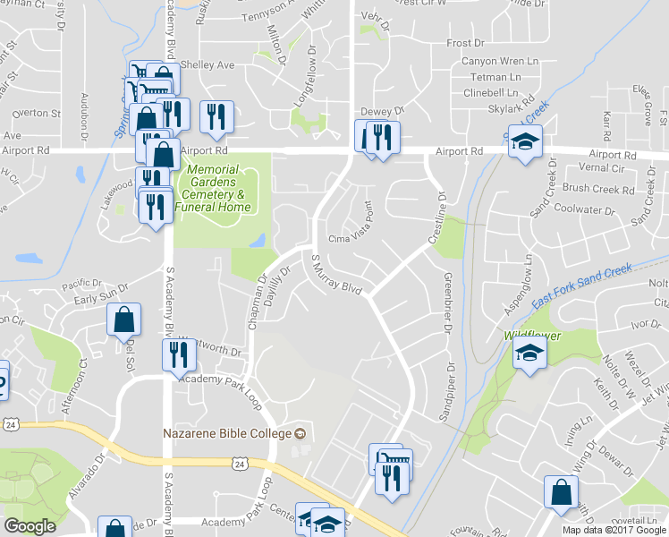 map of restaurants, bars, coffee shops, grocery stores, and more near 4150 Solarface Court in Colorado Springs