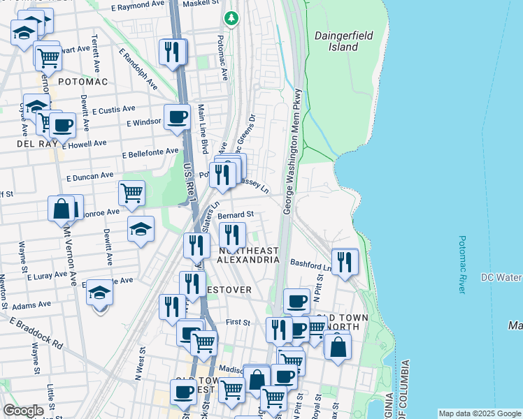 map of restaurants, bars, coffee shops, grocery stores, and more near 735 Bernard Street in Alexandria