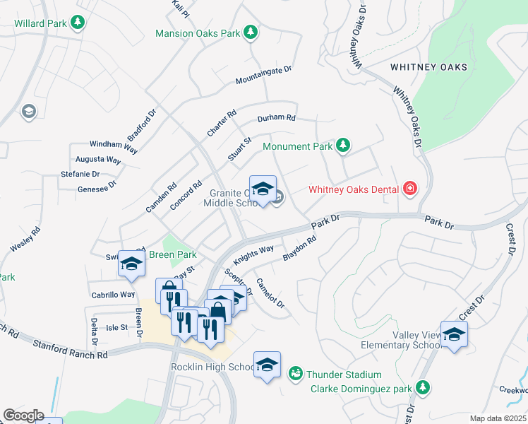 map of restaurants, bars, coffee shops, grocery stores, and more near 2600 Wyckford Boulevard in Rocklin