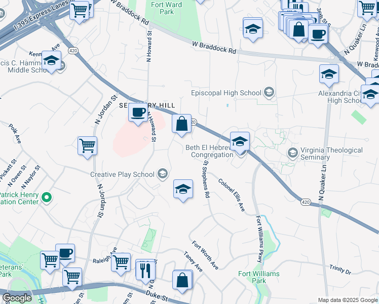 map of restaurants, bars, coffee shops, grocery stores, and more near 4107 Orleans Place in Alexandria