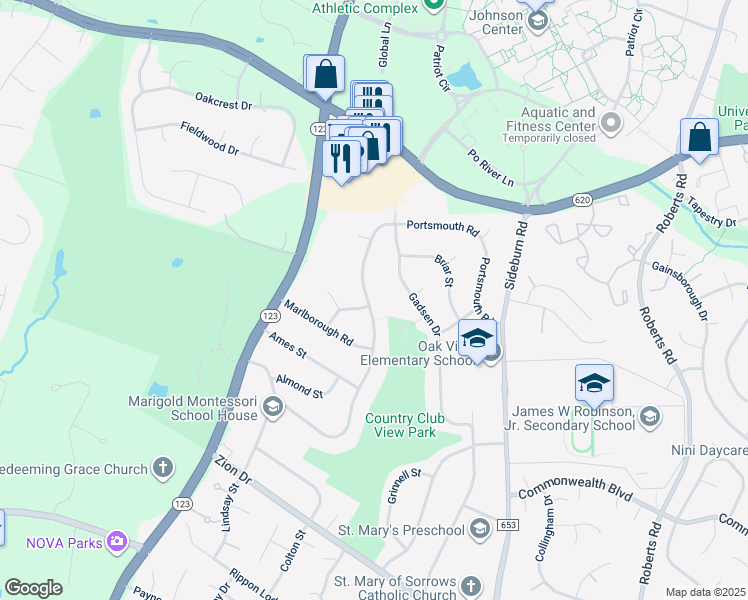 map of restaurants, bars, coffee shops, grocery stores, and more near 5123 Portsmouth Road in Fairfax