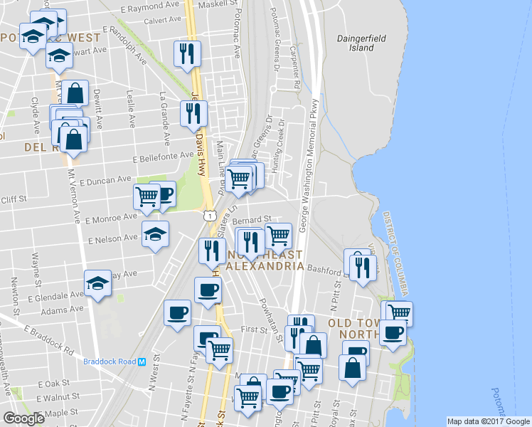 map of restaurants, bars, coffee shops, grocery stores, and more near 815 Bernard Street in Alexandria