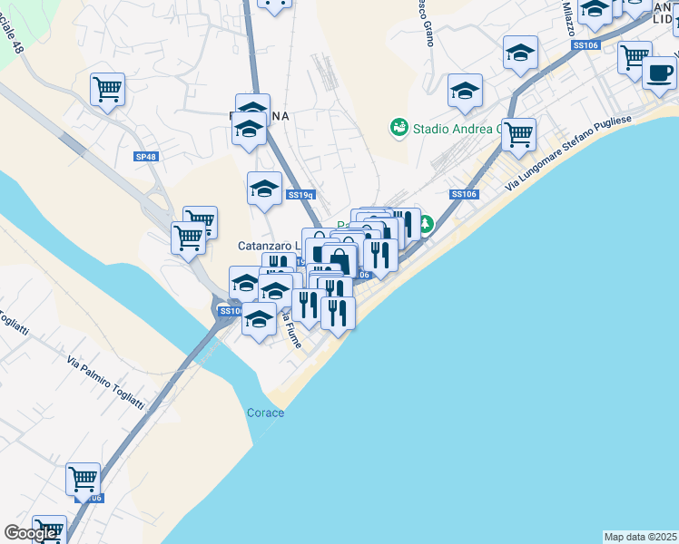 map of restaurants, bars, coffee shops, grocery stores, and more near 50 Via Torrazzo in Catanzaro