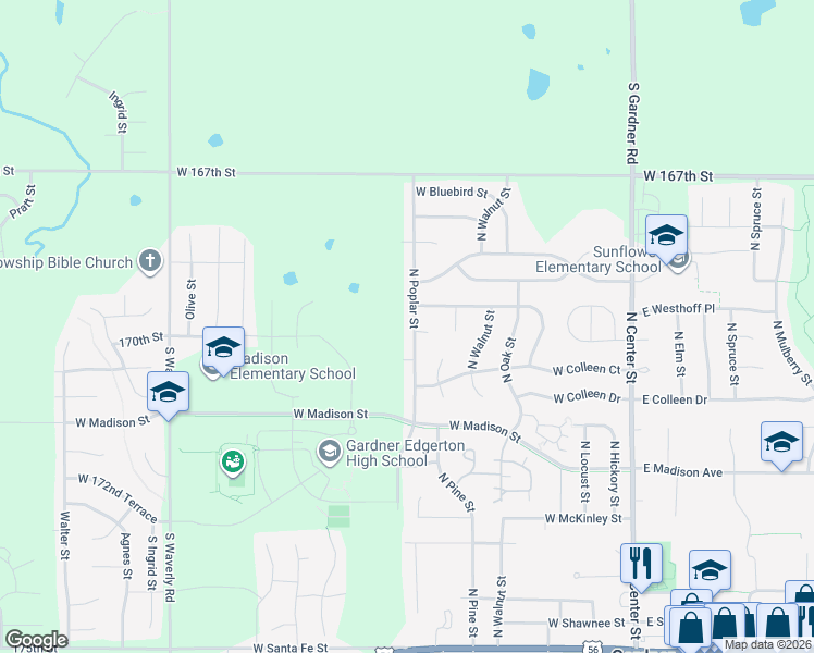map of restaurants, bars, coffee shops, grocery stores, and more near 674 North Poplar Street in Gardner