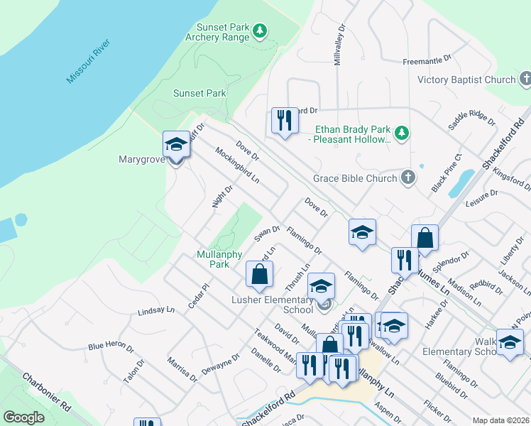map of restaurants, bars, coffee shops, grocery stores, and more near 2490 Flamingo Drive in Florissant