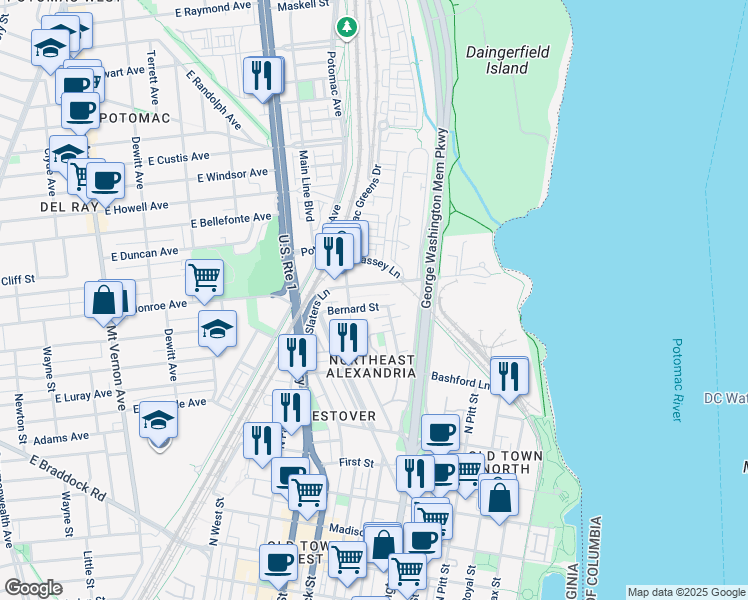 map of restaurants, bars, coffee shops, grocery stores, and more near 813 Bernard Street in Alexandria
