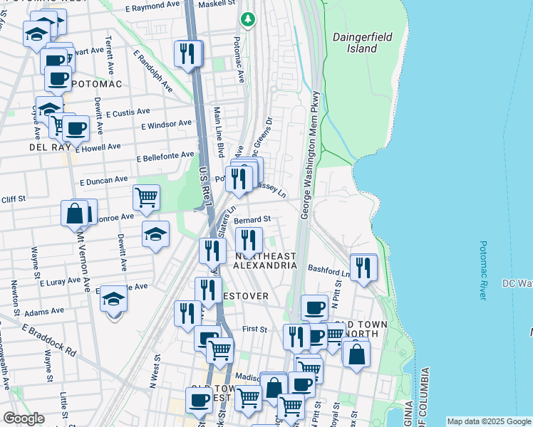 map of restaurants, bars, coffee shops, grocery stores, and more near 815 Bernard Street in Alexandria