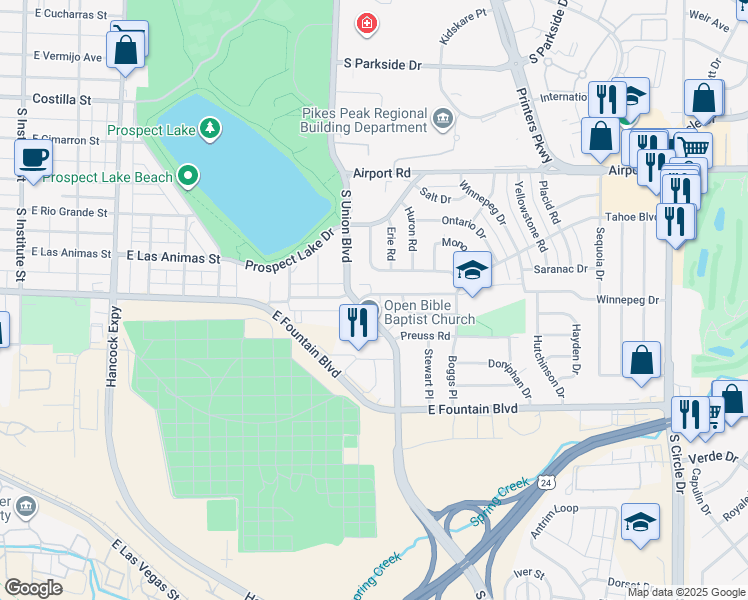 map of restaurants, bars, coffee shops, grocery stores, and more near 801 South Union Boulevard in Colorado Springs