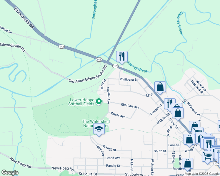 map of restaurants, bars, coffee shops, grocery stores, and more near 1511 Schiller Avenue in Edwardsville